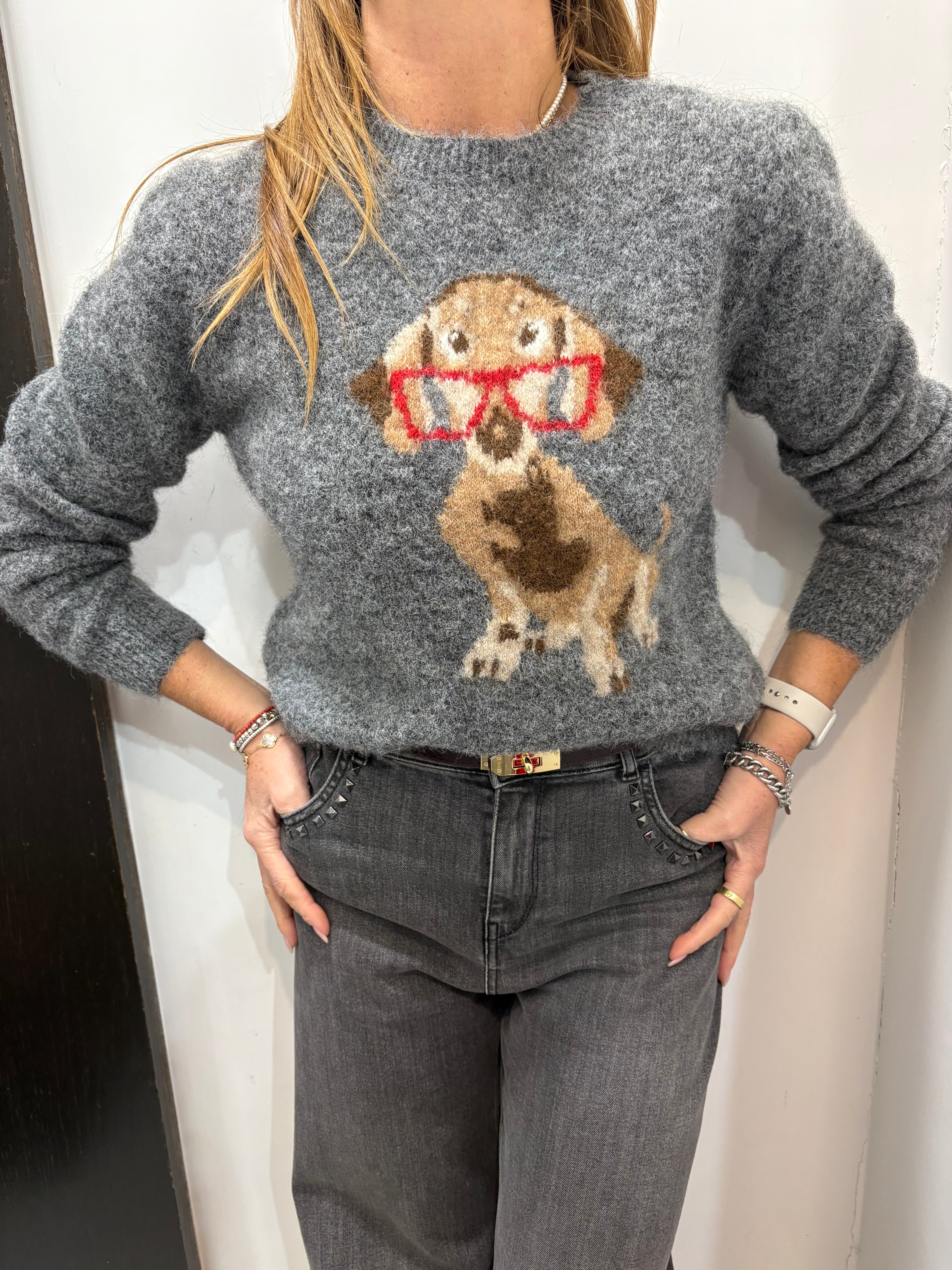 Maglia “Puppy Chic” con ricamo cagnolino e occhiali Emisphere