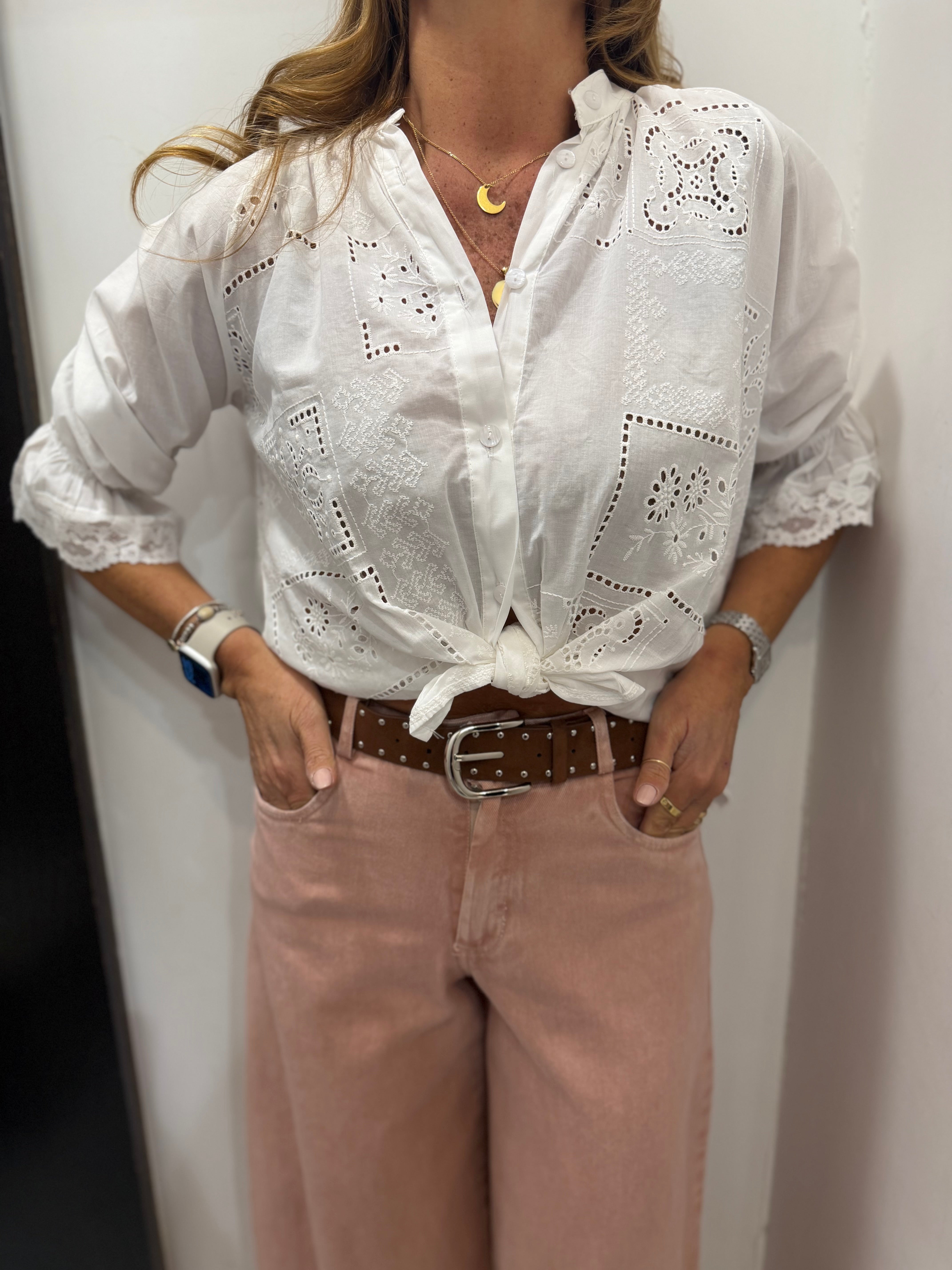 Camicia collo alla coreana in san gallo in cotone Emisphere