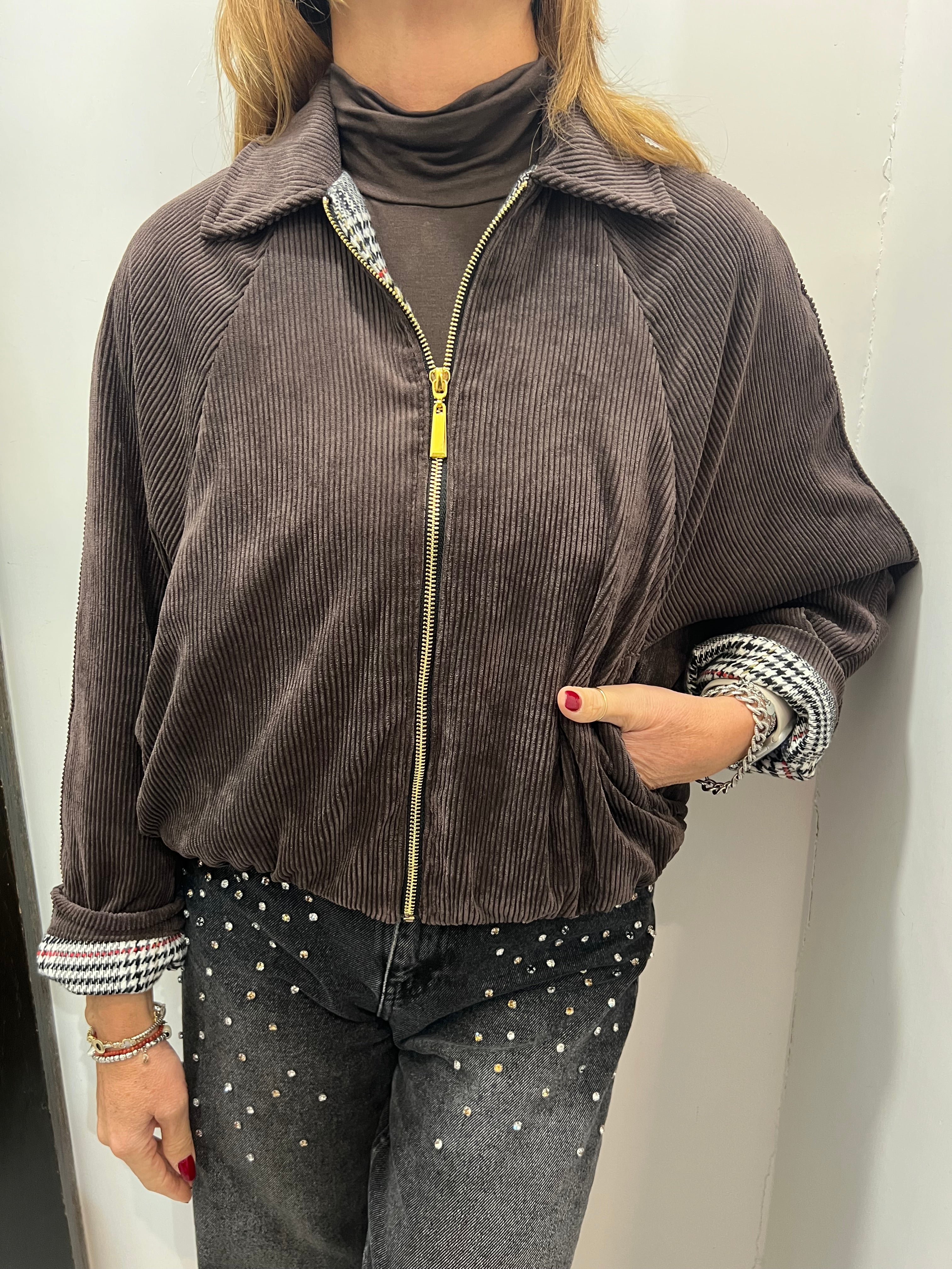 Bomber in velluto millerighe con fodera pied de poule Emisphere