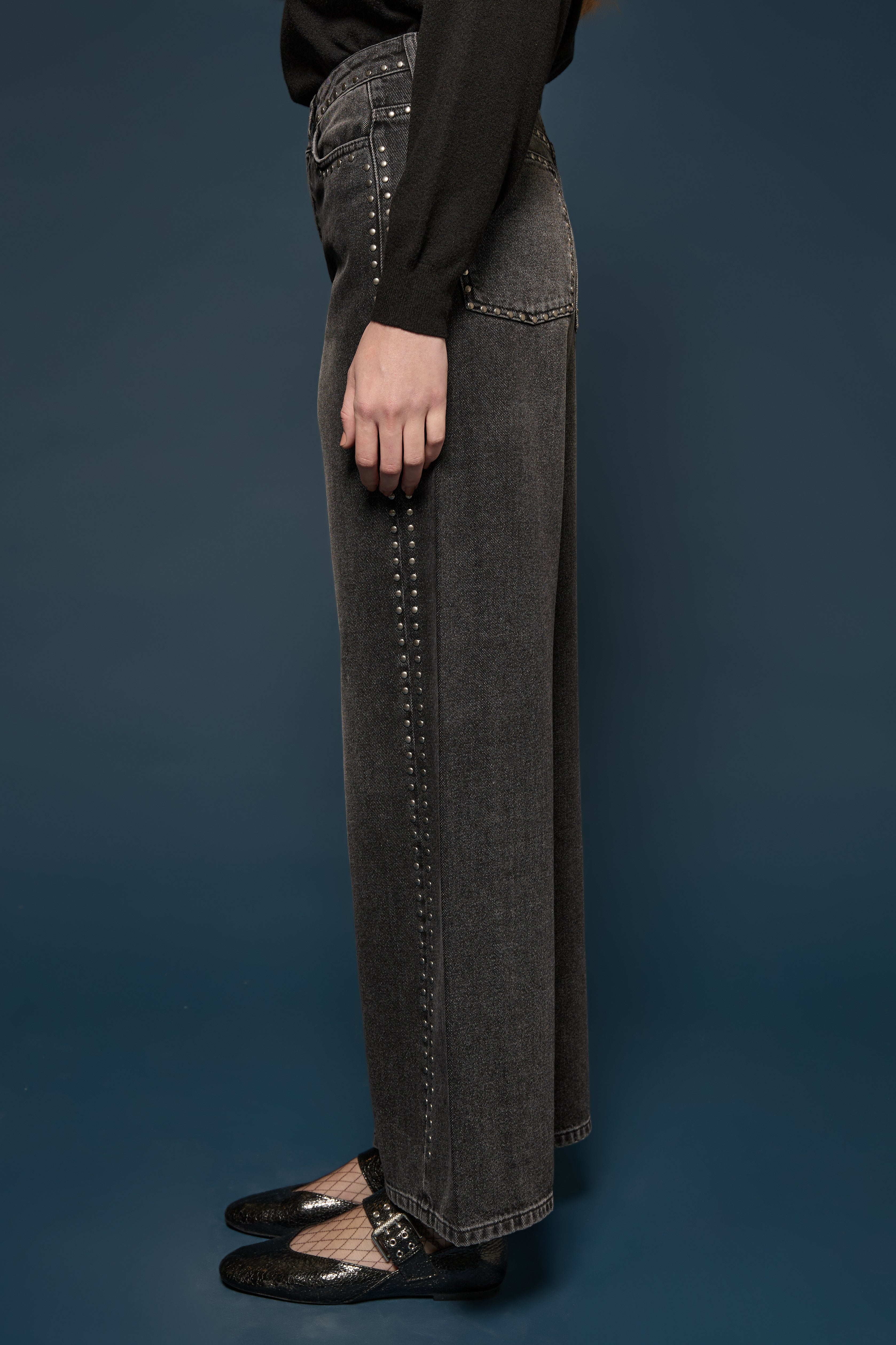 Jeans wide leg nero con borchie Kaos Denim