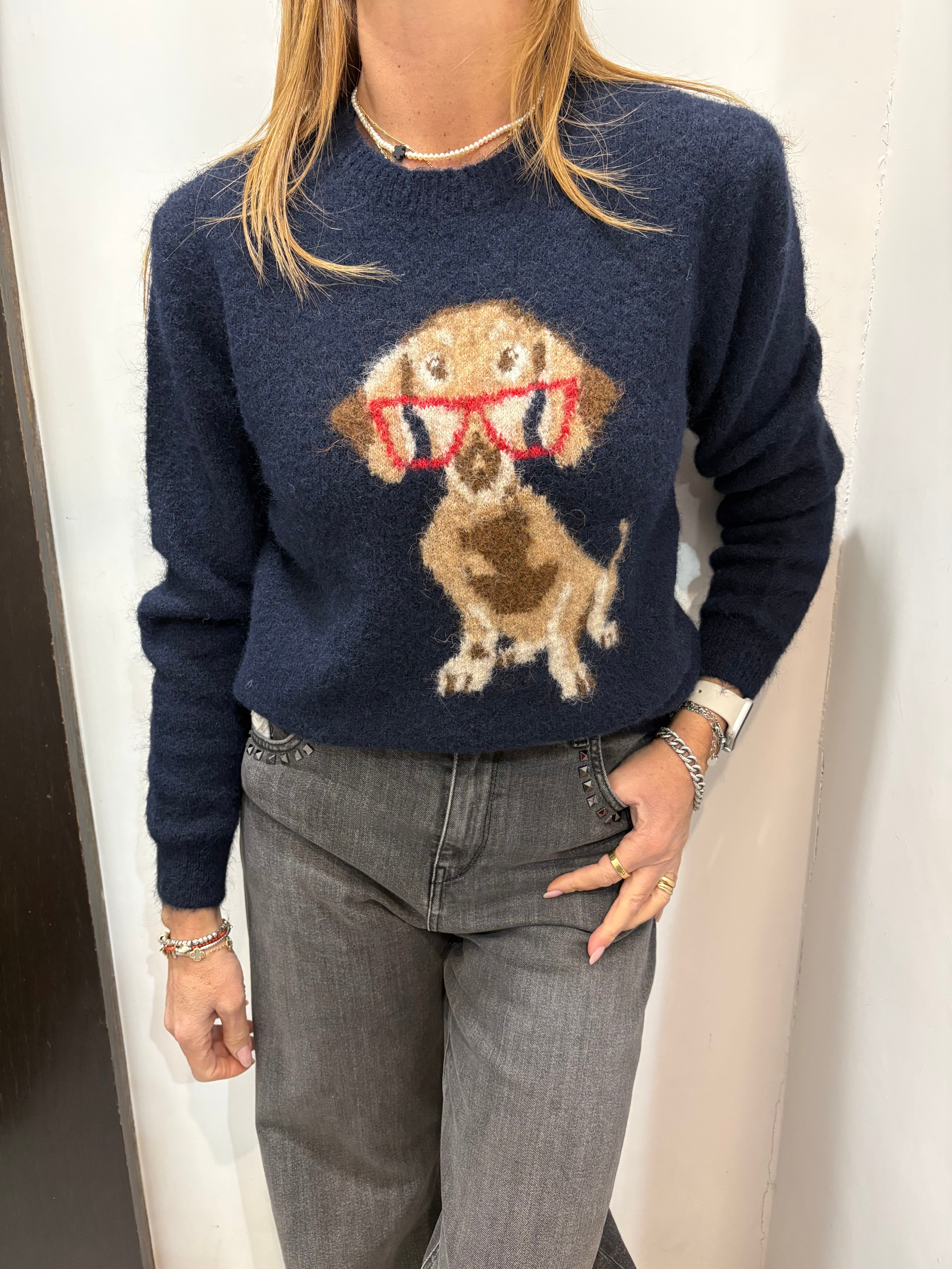 Maglia “Puppy Chic” con ricamo cagnolino e occhiali Emisphere