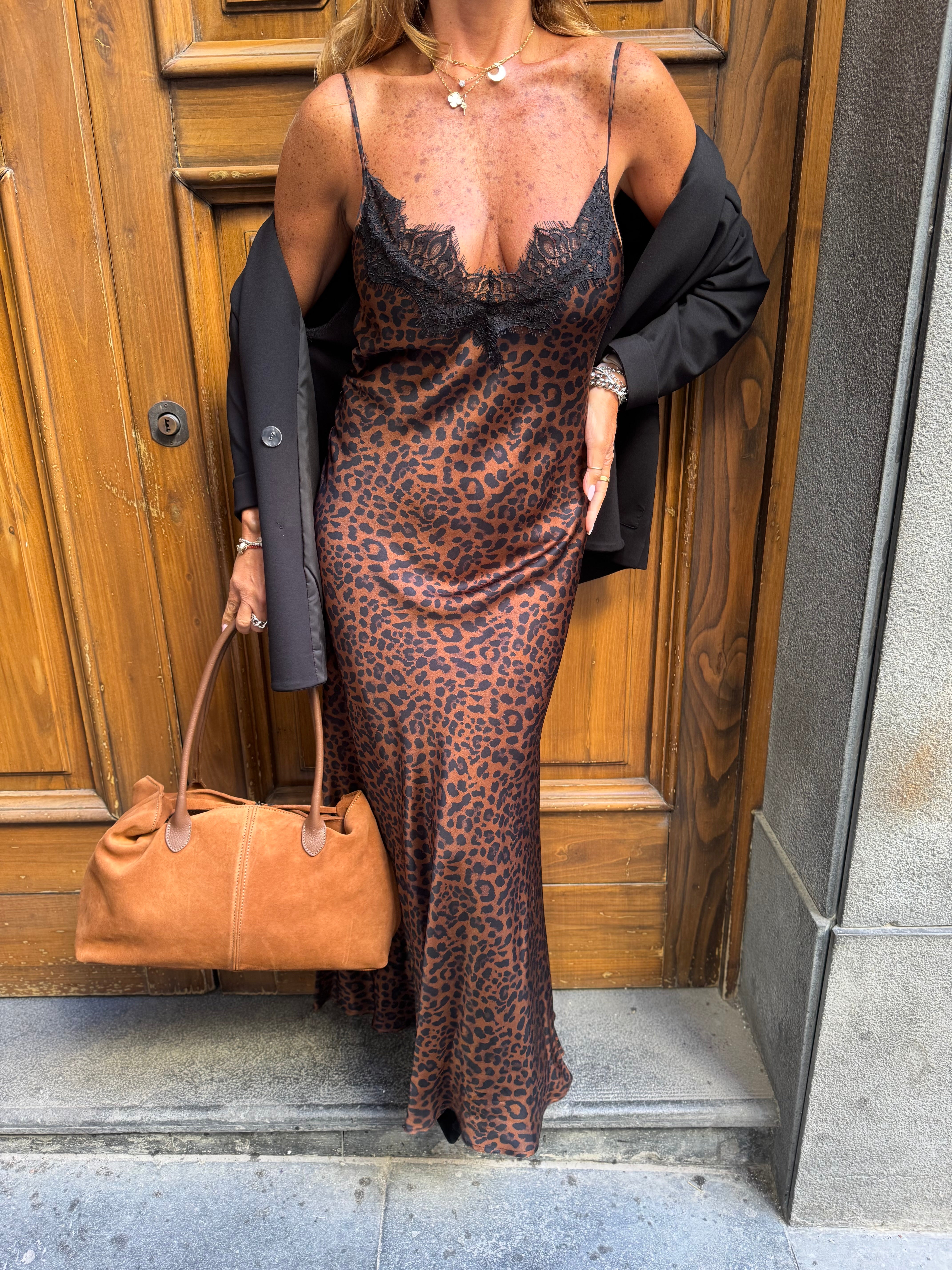Slip Dress Animalier in Viscosa con Dettagli in Pizzo Imperial
