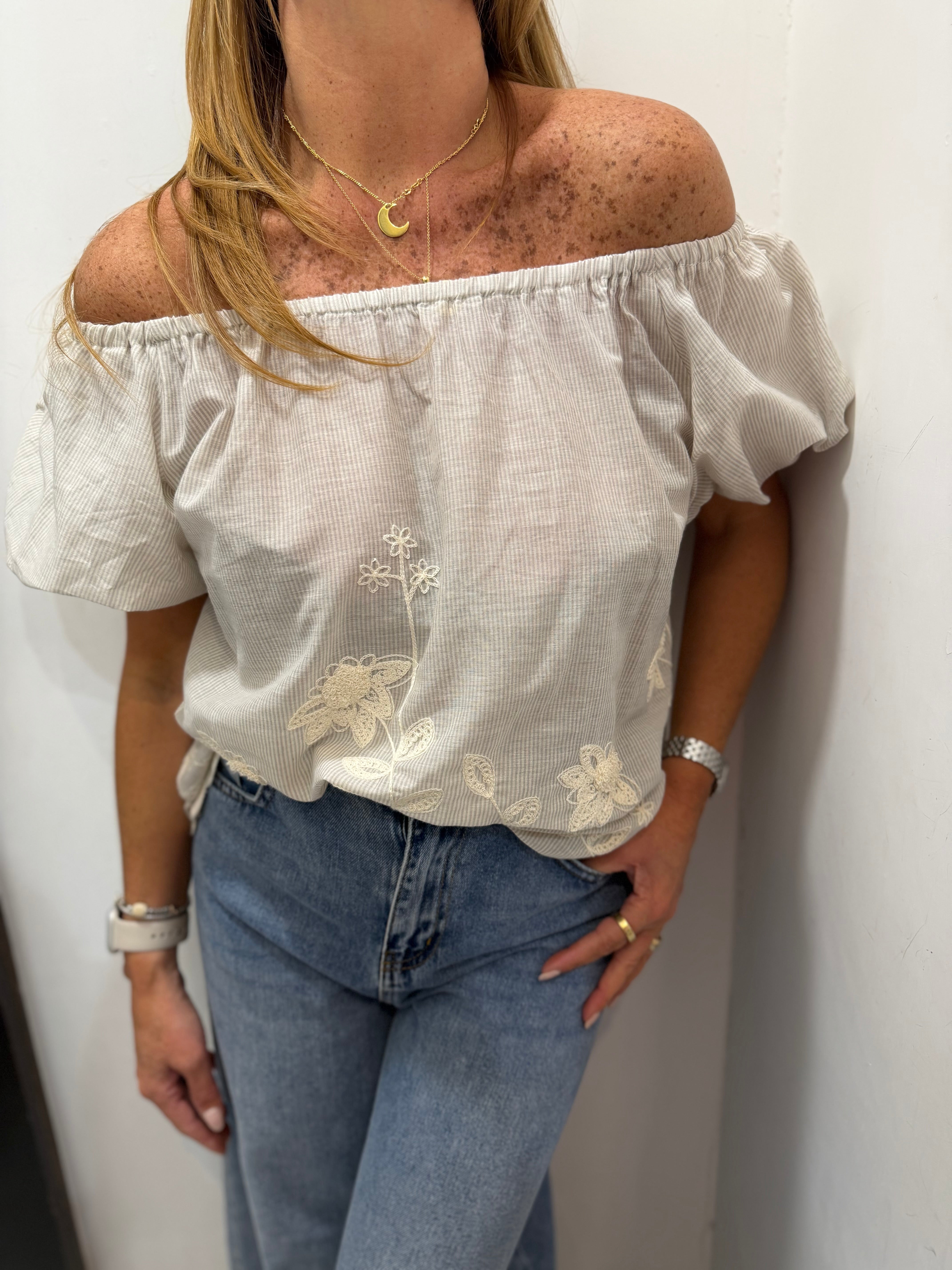 Camicia scollo bardot con ricamo Emisphere