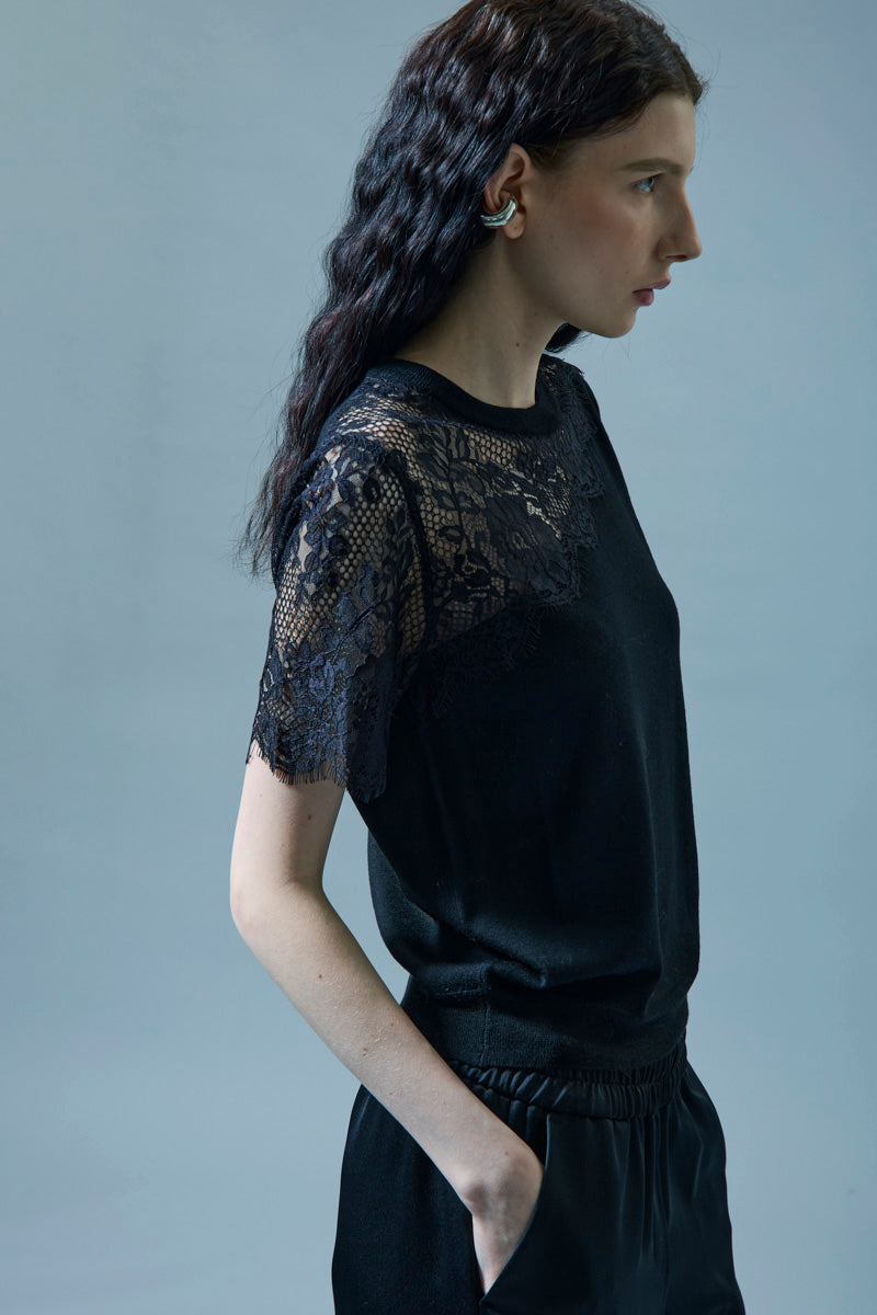 Maglia in Misto Lana con Inserti in Pizzo Icona