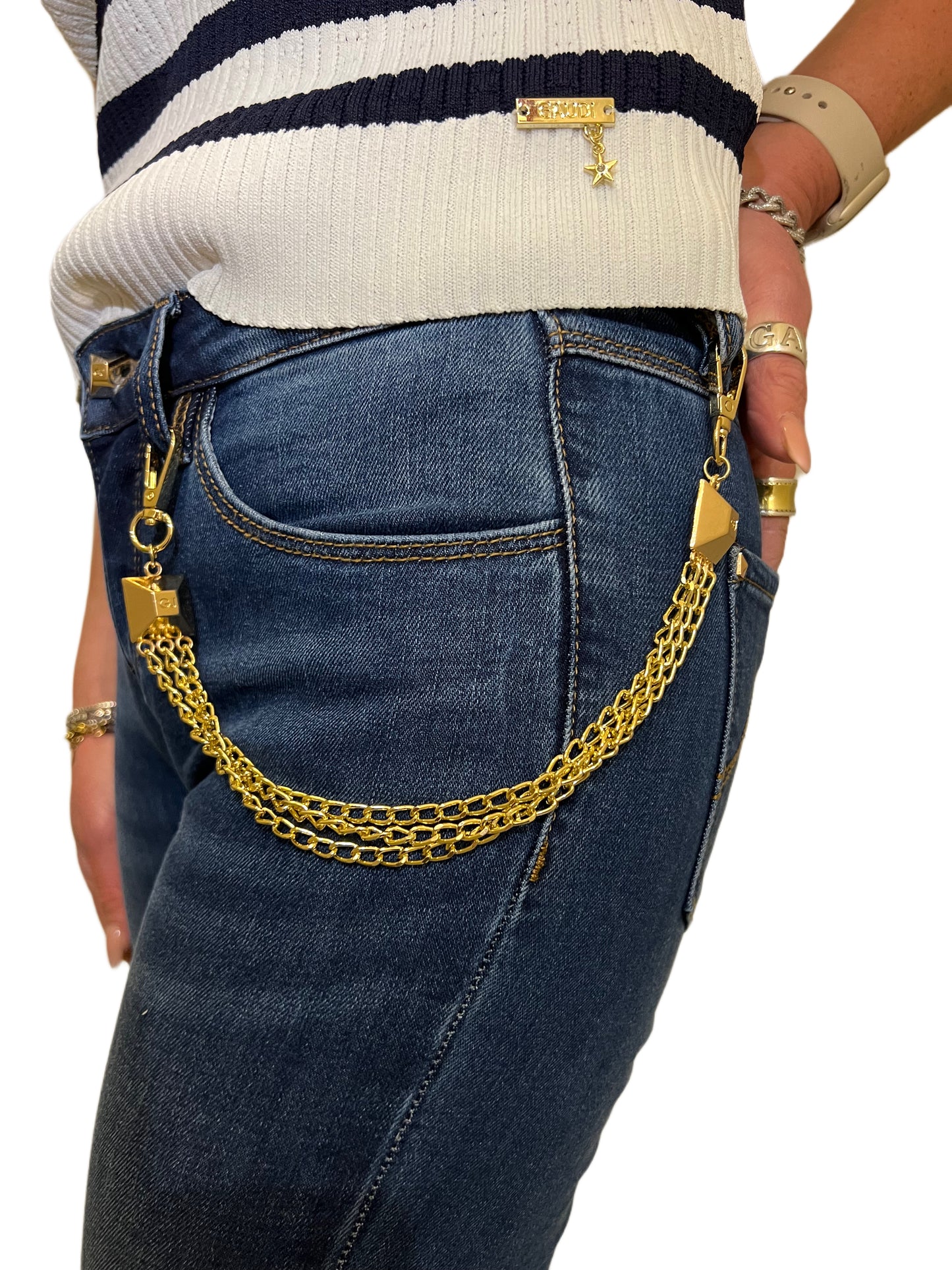 Jeans a zampa alto in vita con catena laterale Gaudì