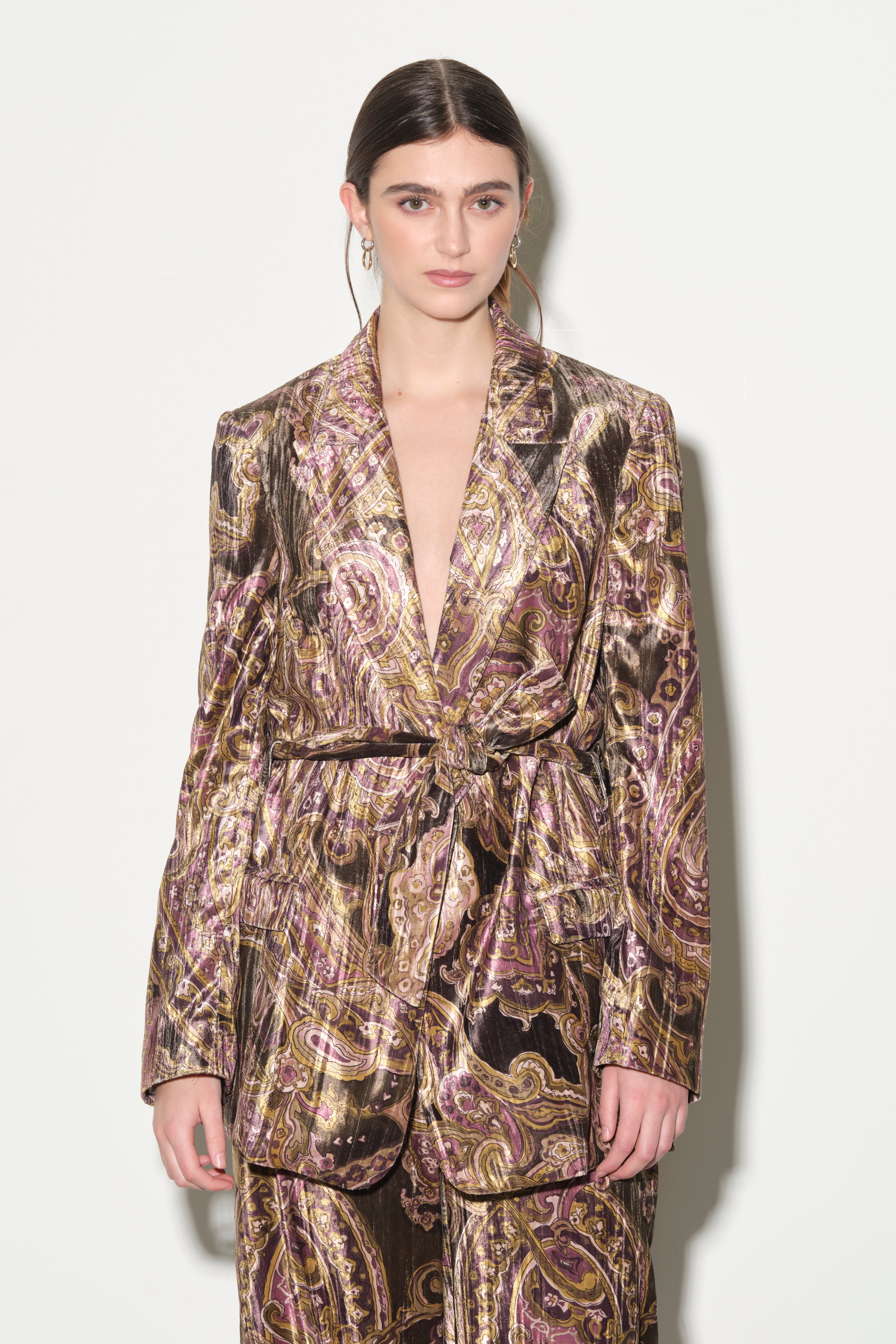 Blazer in Velluto Stampato Paisley con Cintura Kaos Donna