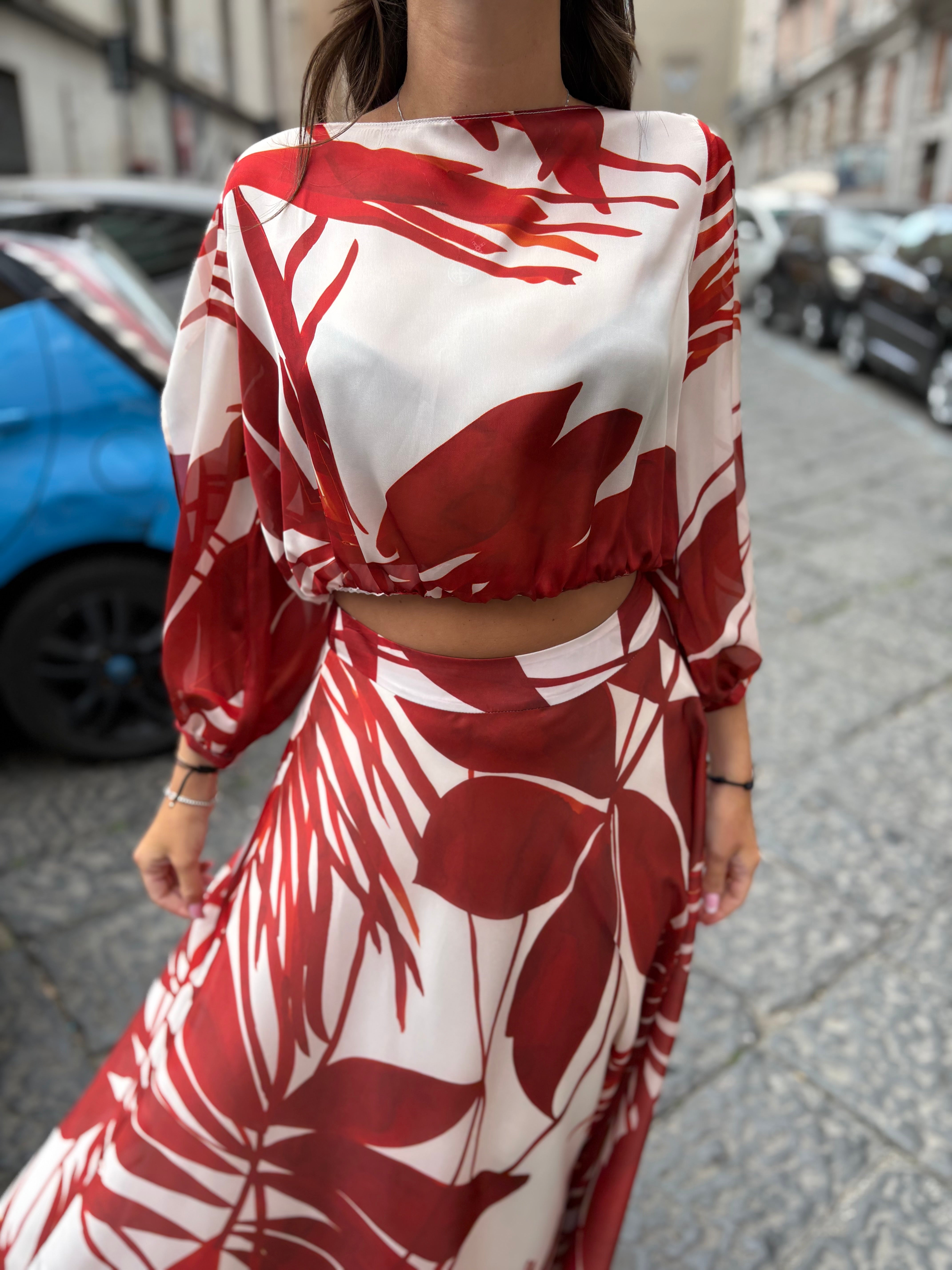 Blusa crop chiffon stampa foglie con tagli su manica Hanita
