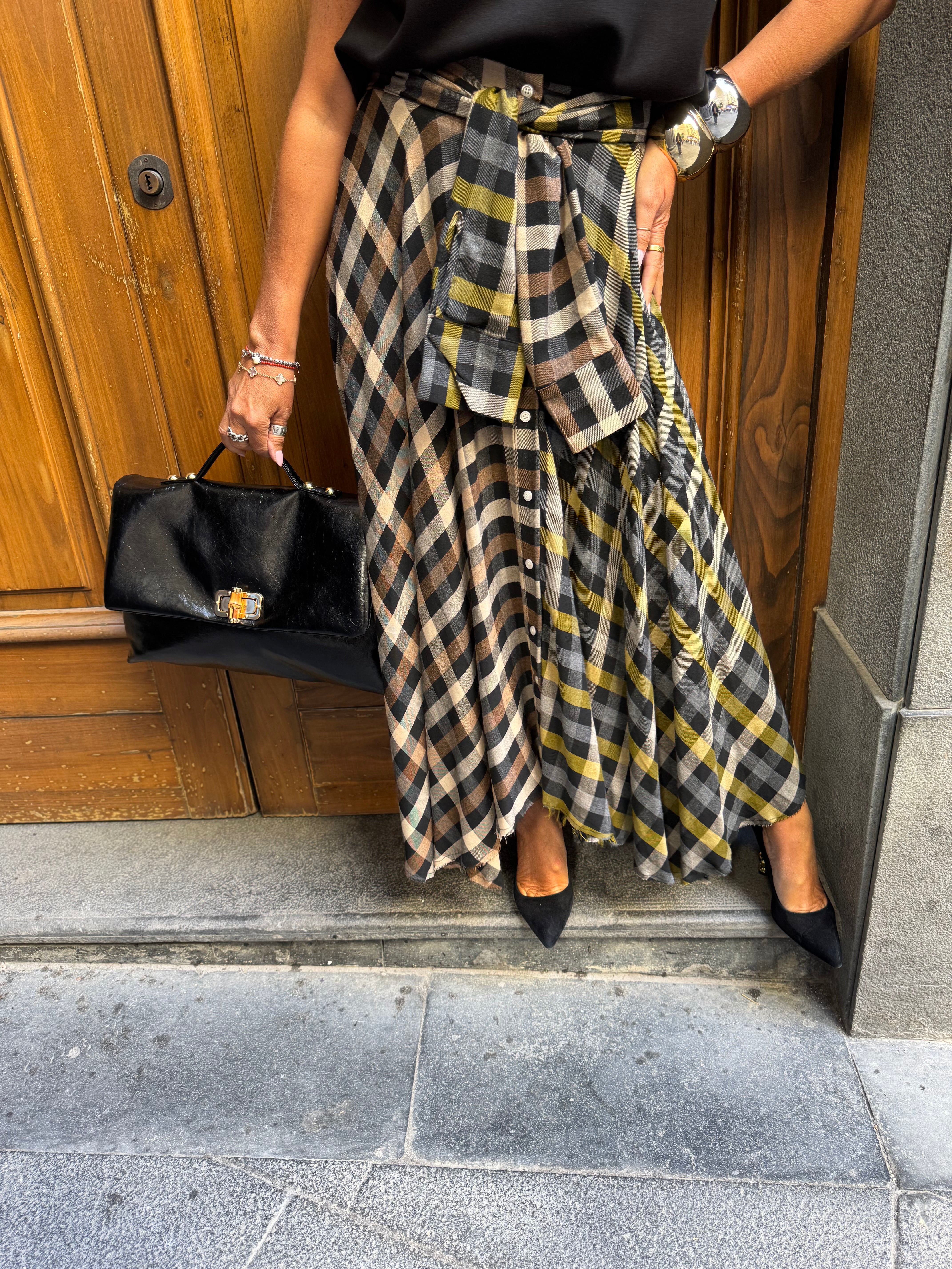 Gonna lunga a vita alta con motivo scozzese e cintura annodata Dixie