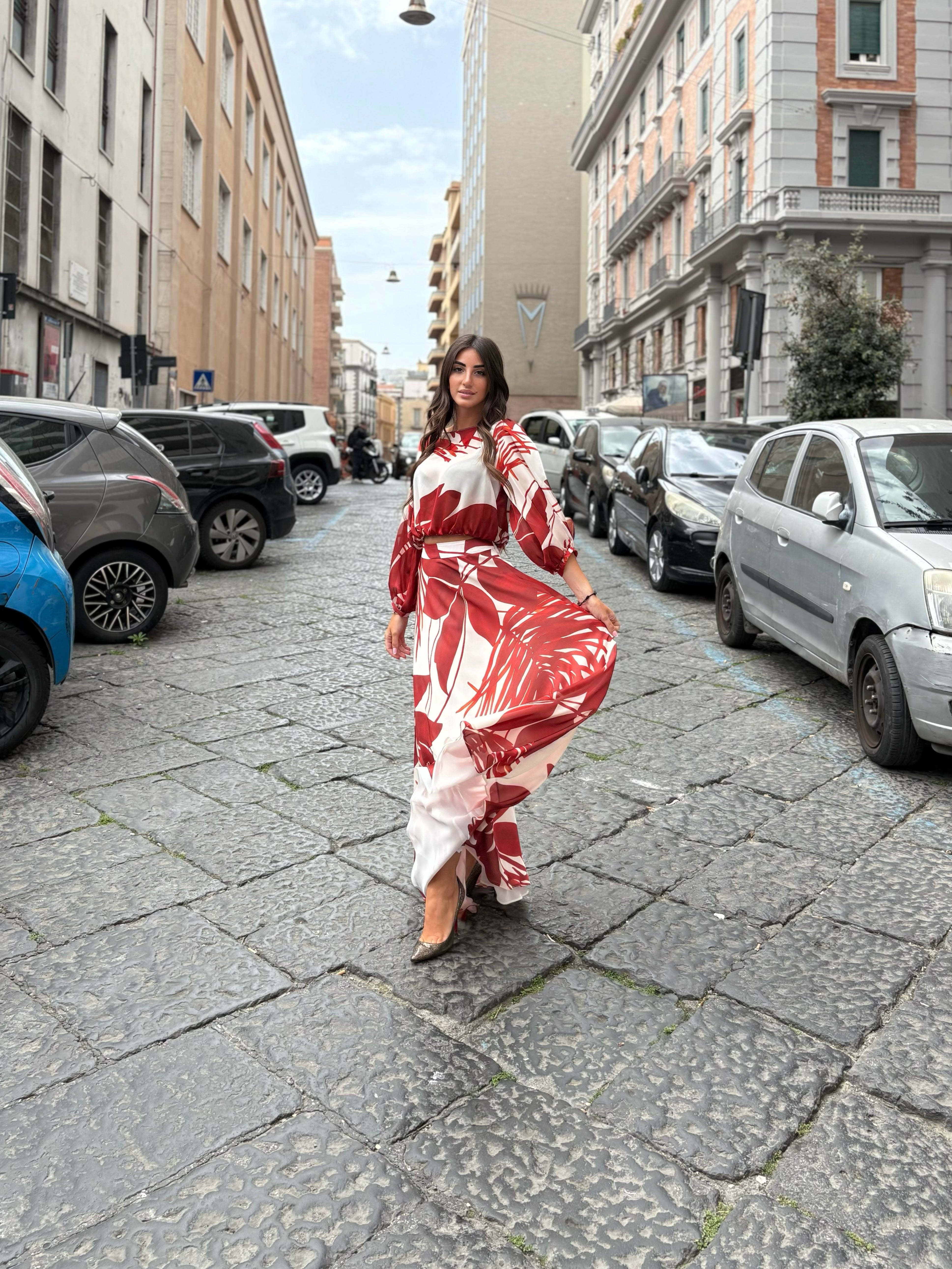 Gonnellone in chiffon stampa foglie Hanita