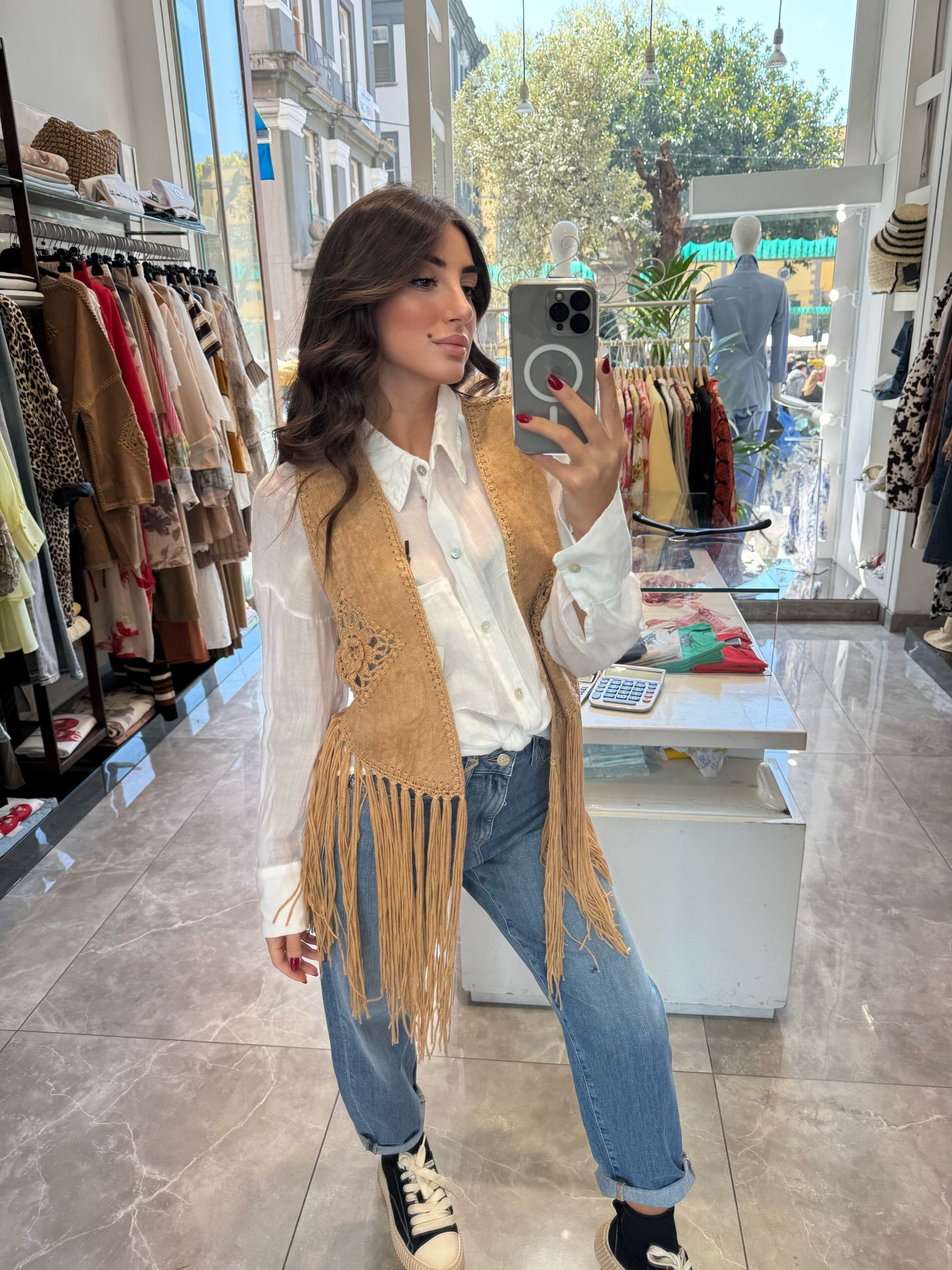 Gilet in ecodaino con frange Emisphere