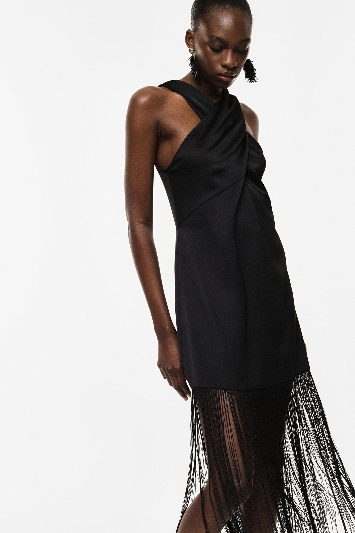 Abito lungo con dettagli incrociati e frange Imperial