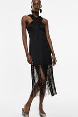 Abito lungo con dettagli incrociati e frange Imperial