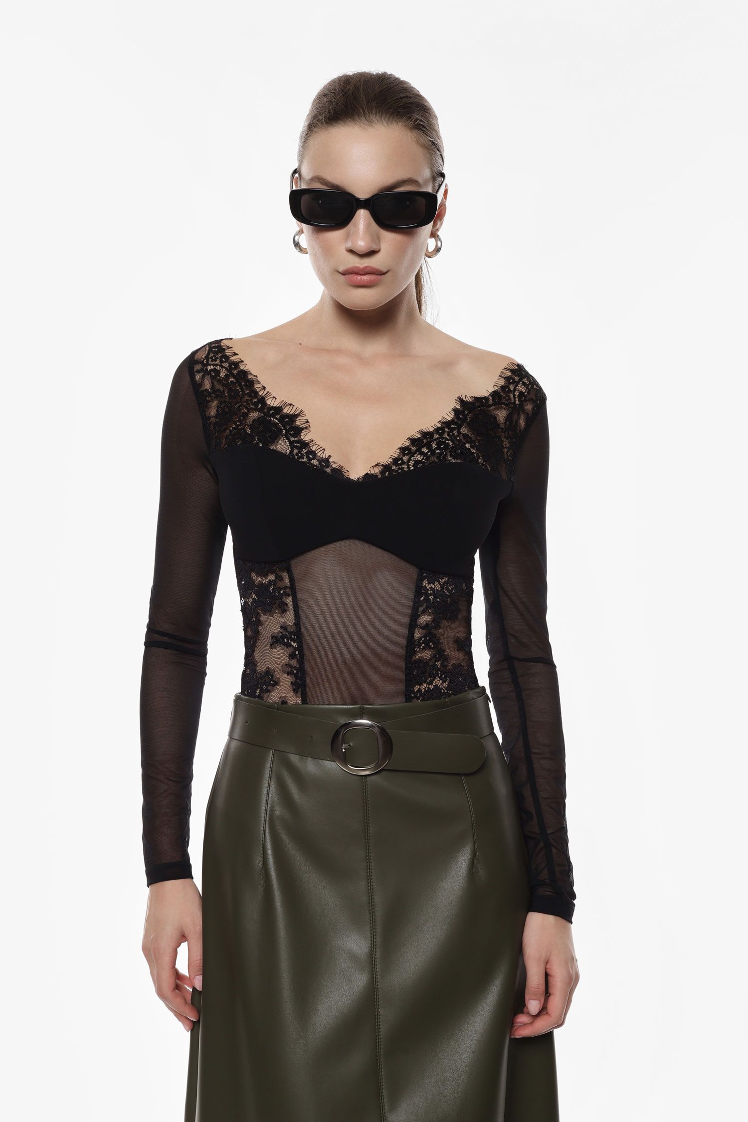 Body con maniche lunghe in tulle e pizzo Imperial