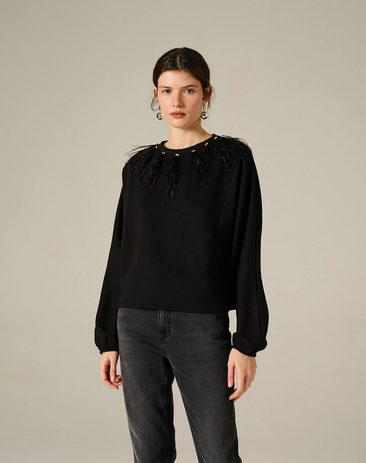 Felpa con piume decorative e maniche ampie Manila Grace